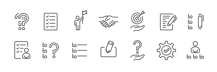 Minimalistic linear business icons set: checklist, question, handshake, target, gear