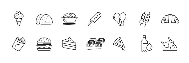 Linear food icons set: ice cream, tacos, pizza, burgers, and more delicious treats