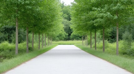 Obraz premium A paved path lined with lush trees, leading into a verdant landscape. A serene and tranquil vista