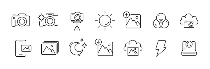 Photography linear icon set: cameras, editing tools, cloud storage, and more
