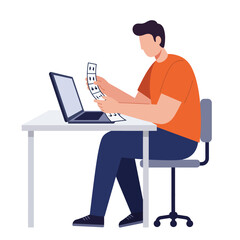 Person sitting at a desk using a laptop with receipts in hand flat vector art