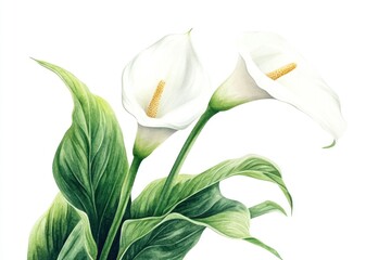 Fototapeta premium Beautiful watercolor painting of white calla lilies and green leaves