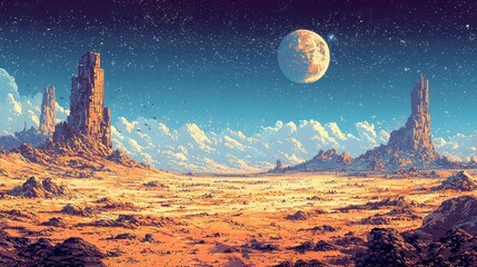 Alien Desert Landscape: Ancient Ruins Under a Starry Sky and a Gigantic Moon. A Digital Painting of an Enigmatic and Serene Otherworldly Scene.