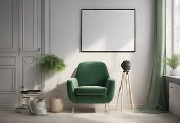 frame mock accessories modern interior poster armchair background green room painting design up furniture living blank wooden brown empty canvas home floor wall art simple plant minimalist chair