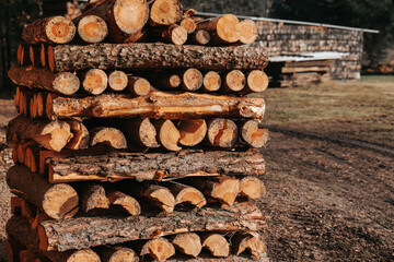 solid fuel.Wood heating.Stacked Firewood in Natural Setting. Firewood woodpile.