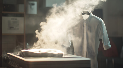 Invisible Chef and Culinary Creation: A chef's coat and face mask sit near a steaming tray of a culinary creation, an atmospheric image with the essence of cooking.