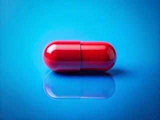Red Medicine Capsule on a Vibrant Blue Background A Closeup View of Pharmaceutical Product for Healthcare and Pharmacy