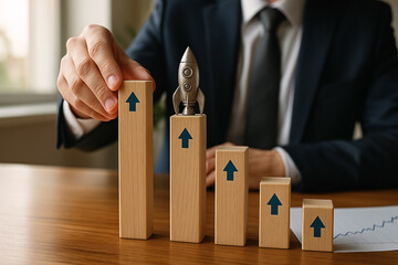 Business progression represented by wooden blocks and rocket figure showing stages of strategy, decline and readjustment for innovation and success