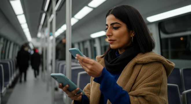 Young asian woman using smartphone on train in winter attire
