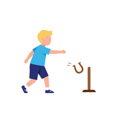 Fototapeta premium Young boy preparing to throw horseshoe in flat vector art illustration