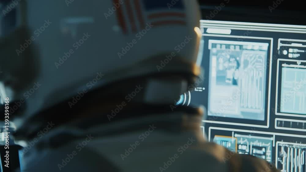 Poster american astronaut wearing spacesuit and helmet working at computer console in spaceship control roo