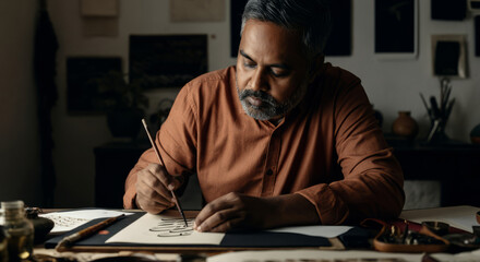Mature asian male artist practicing calligraphy in studio