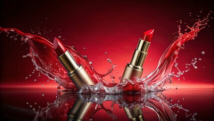 Fototapeta premium Captivating Splash of Red Lipstick in Water Vibrant Cosmetics on a Bold Red Background a Stunning Visual for