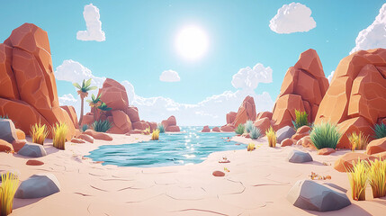 Oasis, desert, stream, rocks, sun, landscape, low-poly, game background