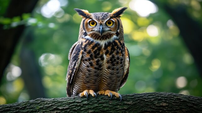 Great horned owl perched on a branch
