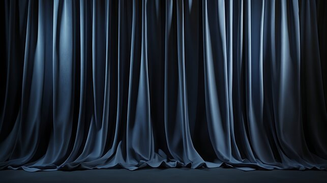 Elegant dark blue velvet curtains draped gracefully, creating a luxurious atmosphere with soft shadows, suitable for theater performances or upscale events
