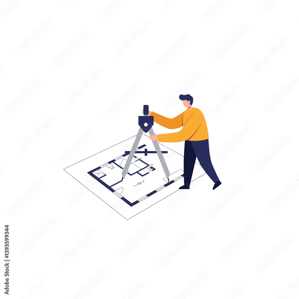 Poster architect using a compass on a blueprint in a flat vector art style