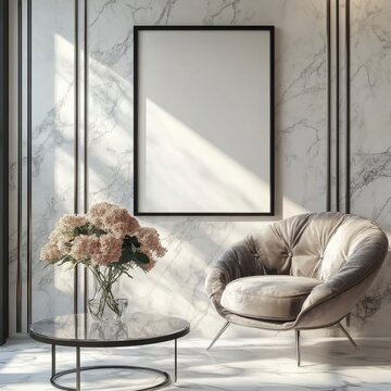 Empty Black Frame Mockup in Modern Interior with Beige Armchair and Hydrangeas