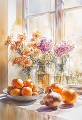Watercolor painting showing a window sill with flowers and fruit