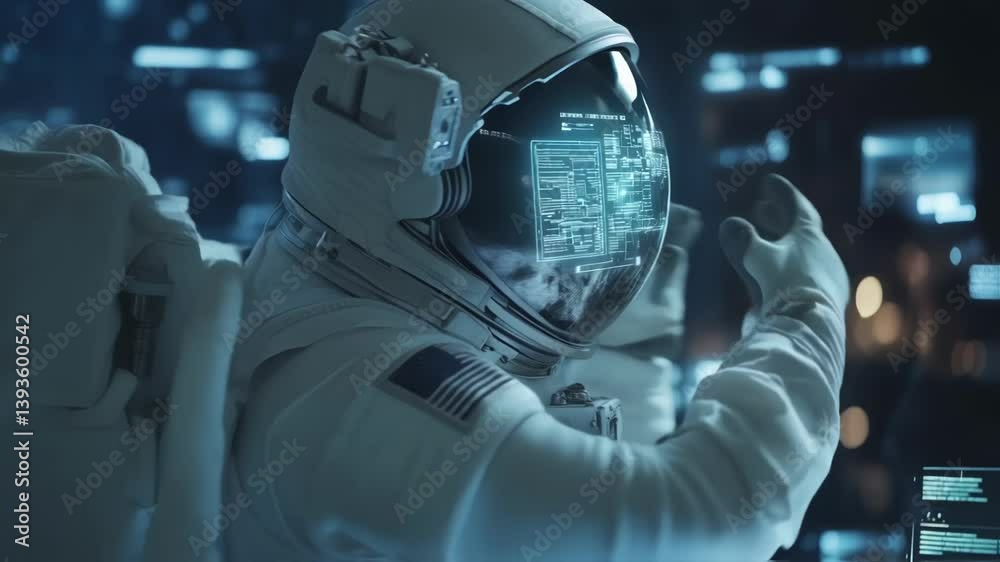 Wall mural american astronaut wearing a spacesuit with an hud interface on the helmet visor is working on a fut