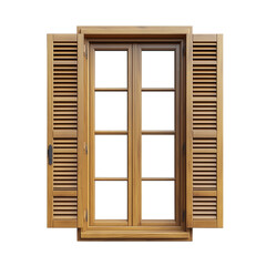 Wooden Window Frame with Shutters and Glass Panes, Transparent Background