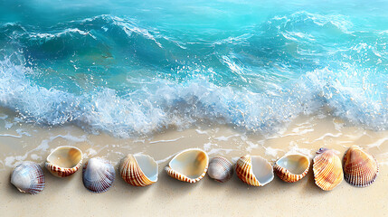 Azure waves crash on a sandy beach with a row of seashells resting along the shore's edge.