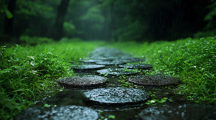 Naklejka premium Stone path meanders through lush green grass leading into a tranquil and rain-kissed forest scene.