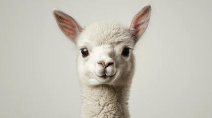 Fototapeta premium A close-up portrait of a young white alpaca with soft fur big eyes and a gentle curious expression.