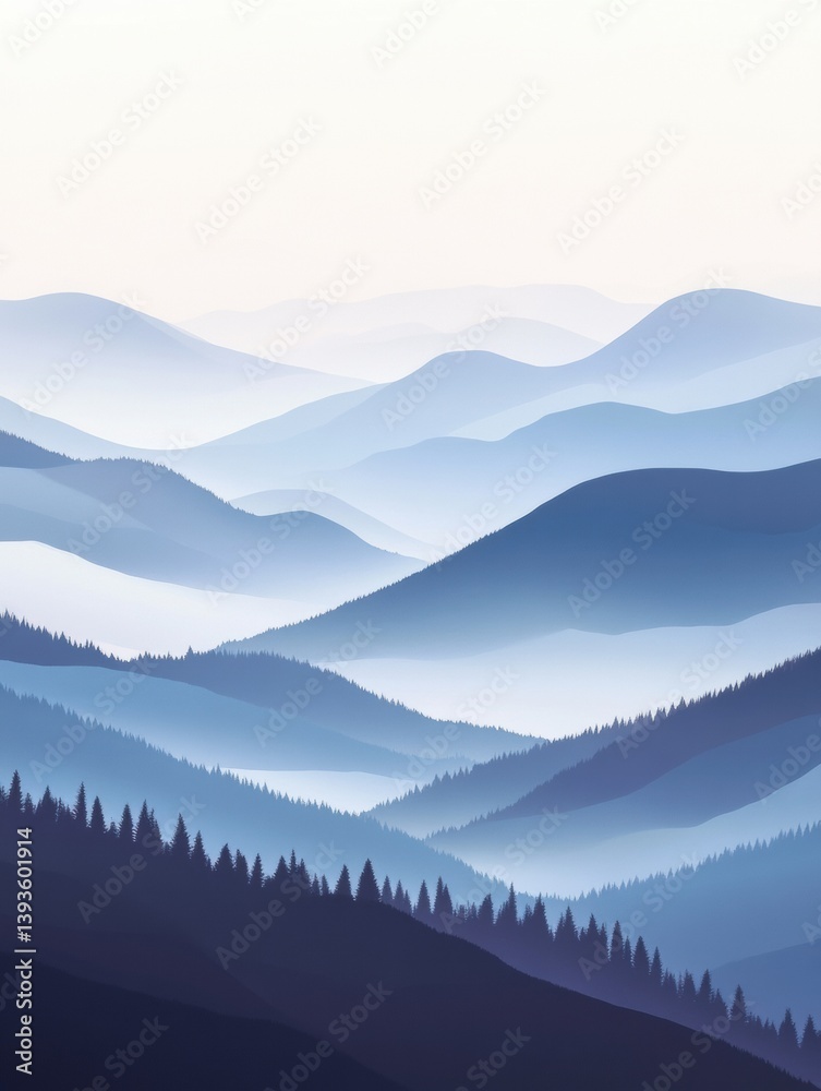 Poster layered hills enveloped in soft fog reflect the gentle morning light in a serene landscape