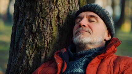 Older man resting peacefully under tree in autumn