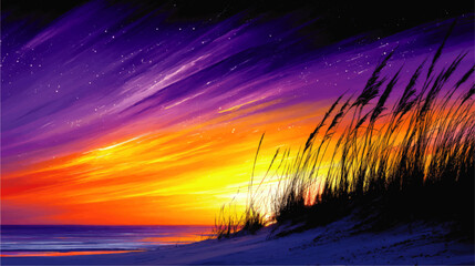 Stunning Vibrant Beach Sunset Vector Illustration with Golden Sky Purple Twilight Sea Oats Silhouette Sparkling Stars Ocean Waves Shoreline Nature Dreamy Background Art