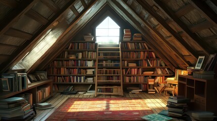 Obraz premium Rustic attic interior bookshelves storage space