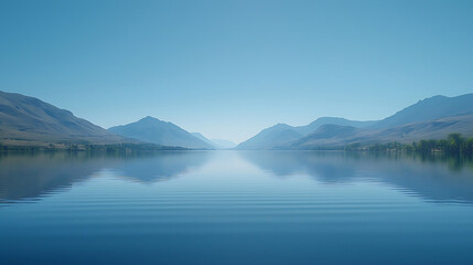 Serene lake reflecting distant mountains under a clear light blue sky evoking tranquility and natural beauty.