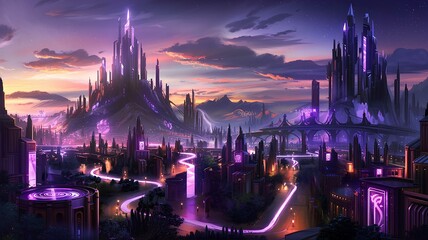 Fototapeta premium A majestic fantasy cityscape at twilight