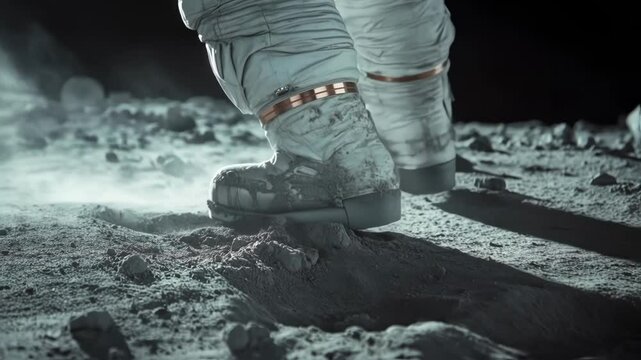 Close up view revealing astronaut boots creating distinctive footprints across lunar gray surface, generating delicate dust patterns while stepping through low gravity lunar landscape
