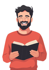 Obraz premium Modern illustration depicts a happy man grasping an open book in a flat, contemporary art style