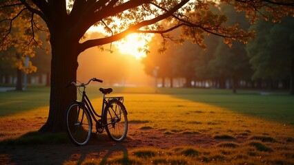 Fototapeta premium bicycle leaning against large tree park tree has orange leaves sun setting background creating warm glow illuminates scene bicycle black has basket attached front grass around tree green trees