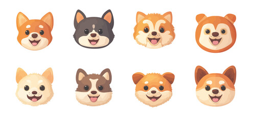 Modern art featuring cute dog faces in various expressions with a flat design style