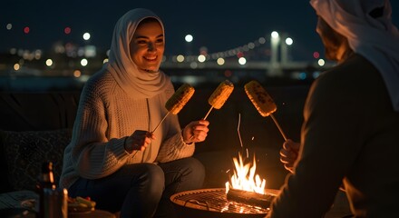 Fototapeta premium Traditional Middle Eastern Couple Gathering Around Campfire at Night
