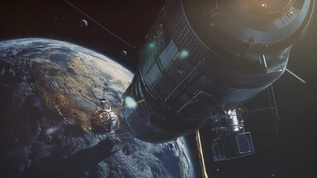 Futuristic spaceship approaching planet earth, with a tether connecting it to a smaller capsule, against a backdrop of stars and a partially illuminated earth