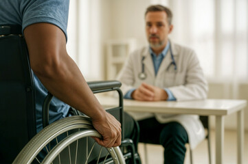 Obraz premium Patient in wheelchair during consultation with doctor in medical office. AI generated