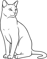 Black and white line art of a sitting cat with curved tail