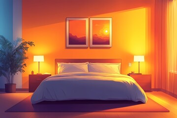 Modern Bedroom Interior: Cozy Design with Warm Colors and Minimalist Decor