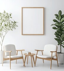 Minimalist living room mockup with framed artwork and comfortable chairs