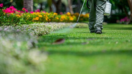 Worker spraying pest control solution on a lush green lawn for effective pest management