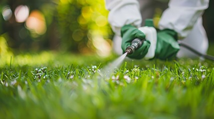 Worker spraying pest control solution on a lush green lawn for effective pest management