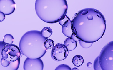 Floating transparent purple bubbles background, 3d rendering.