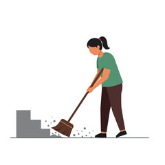 Woman sweeping debris with a shovel in flat vector art style vector illustration