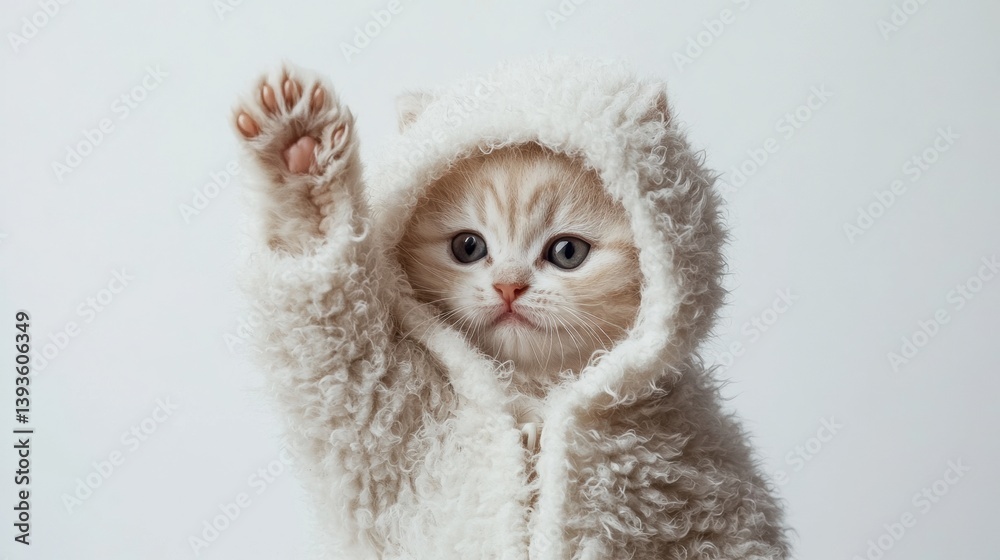 Poster fluffy kitten playfully raising its paw against a simple white background in a minimalistic setup, s