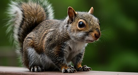 Fototapeta premium Gray Squirrel Perched on Wooden Fence with Blurred Forest Background